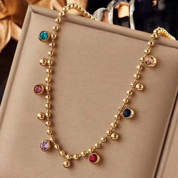 Multicolor Crystal 18K Gold Plated Stainless Steel Necklace Perfect Layering - Picture 3 of 6